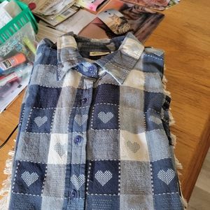Vintage Style Heart Checkered Plaid Pattern Roll-Tab Woven Shirt Size XL